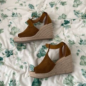 Brown buckle heel wedges